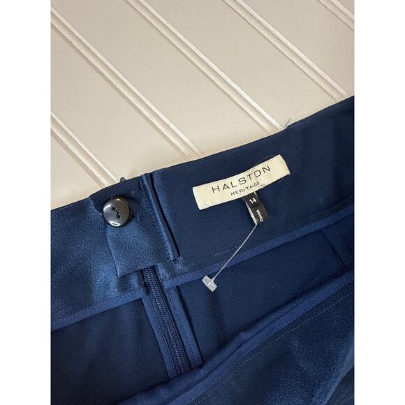Halston Wide Leg Pants Navy Blue Satin Gorgeous High Waisted Belted Size 14 - Picture 3 of 8